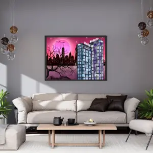 Mond und Neon-Skyline