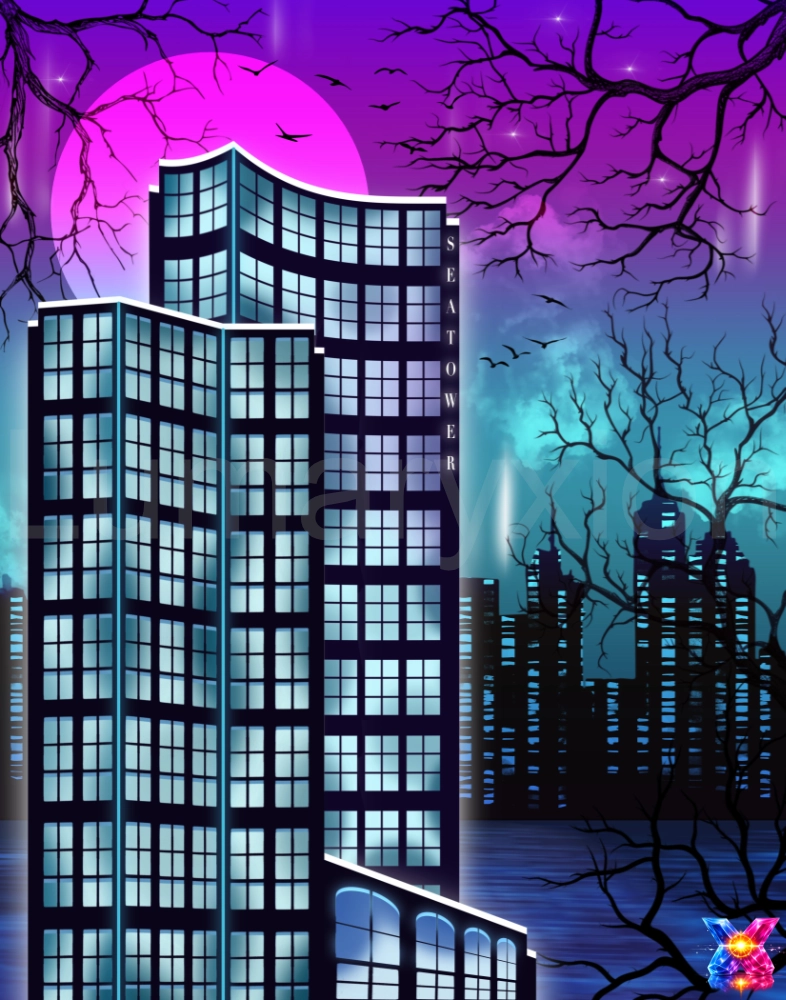 Neon Seascape Tower – Futuristische Küstenstadt bei Nacht